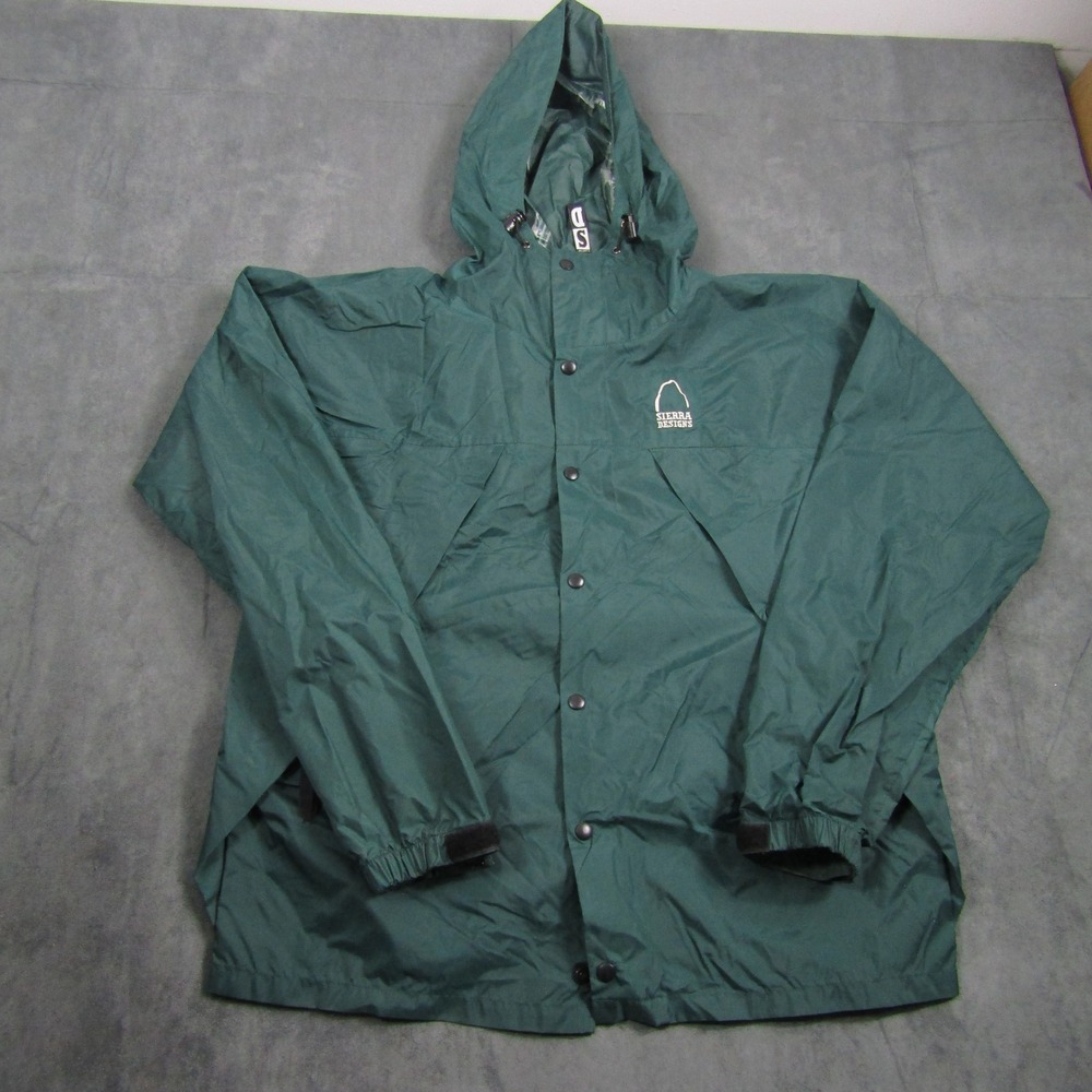 Sierra Designs Rain Jacket Men L Green Hooded Nylon Full Zip Windbreaker Vintage